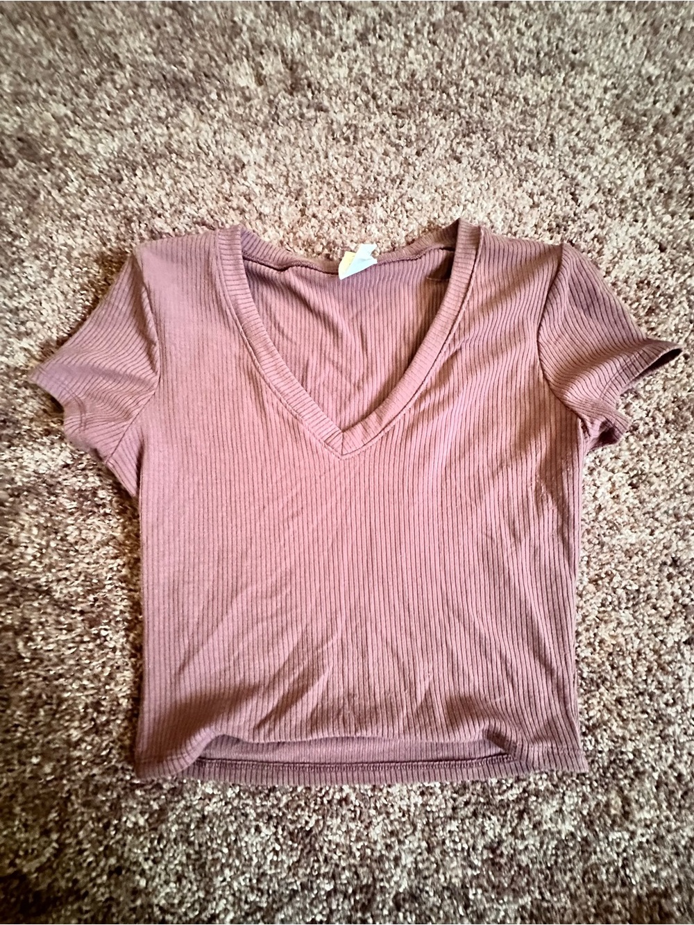 Ribbed V-Neck Crop Top in Mauve Pink